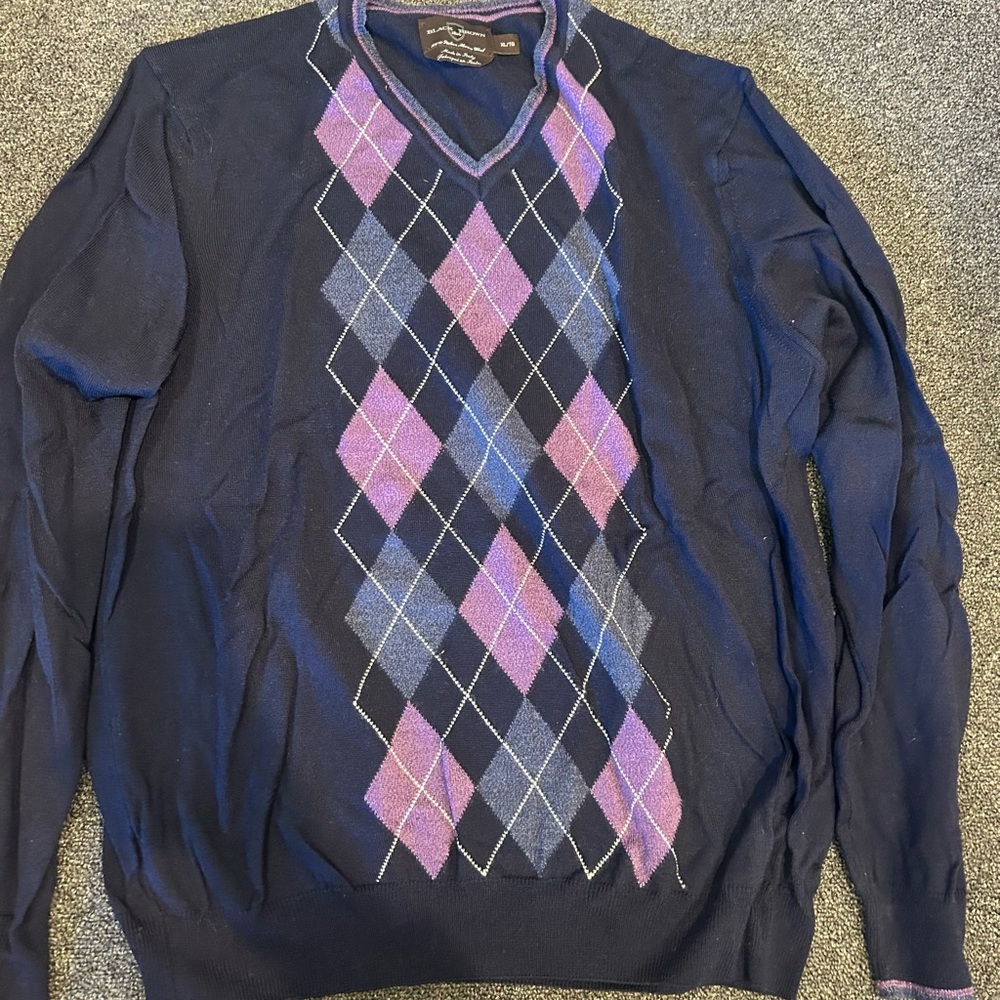 Black Brown 1826 V-Neck Sweater - Navy and Purple Argyle